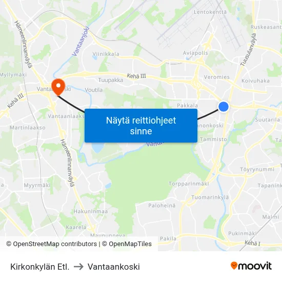 Kirkonkylän Etl. to Vantaankoski map