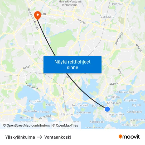 Yliskylänkulma to Vantaankoski map