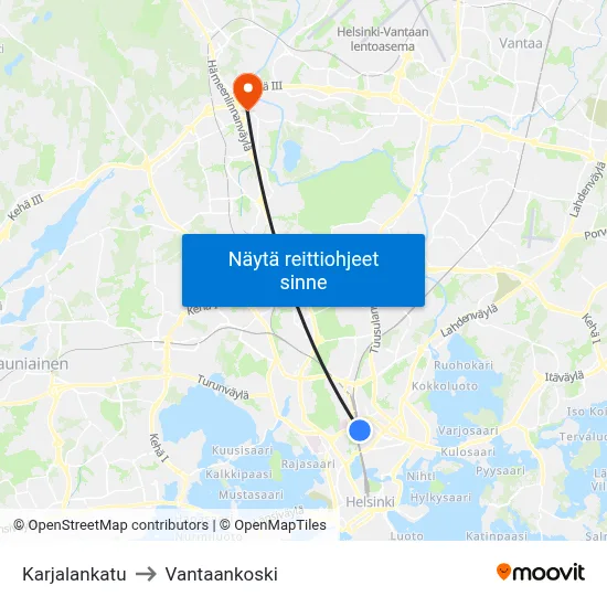Karjalankatu to Vantaankoski map