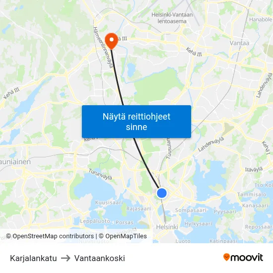 Karjalankatu to Vantaankoski map
