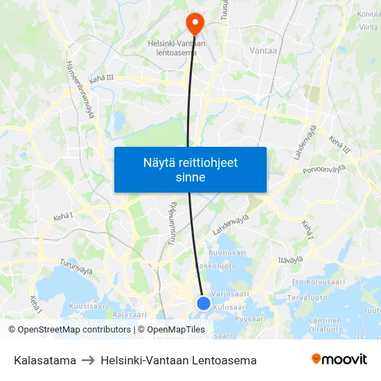 Kalasatama to Helsinki-Vantaan Lentoasema map