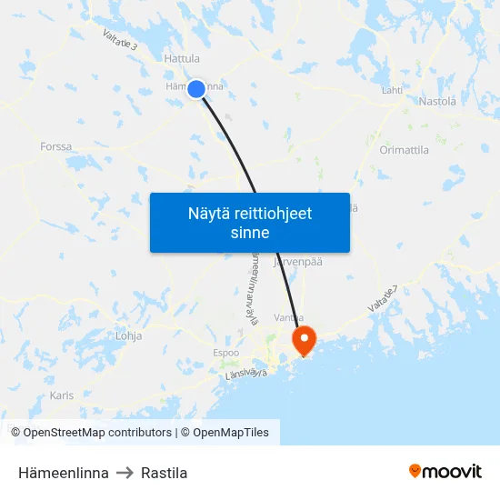 Hämeenlinna to Rastila map