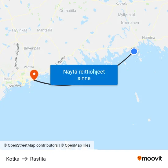 Kotka to Rastila map