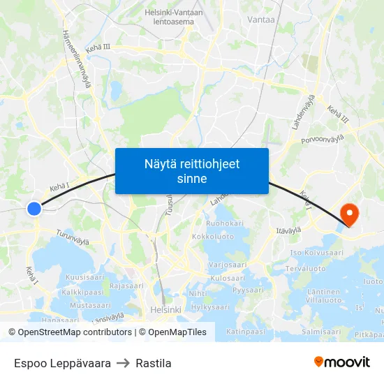 Espoo Leppävaara to Rastila map