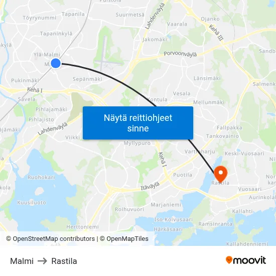 Malmi to Rastila map