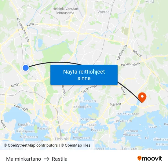 Malminkartano to Rastila map