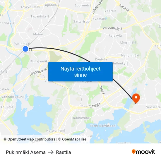 Pukinmäki Asema to Rastila map