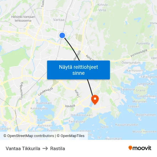Vantaa Tikkurila to Rastila map