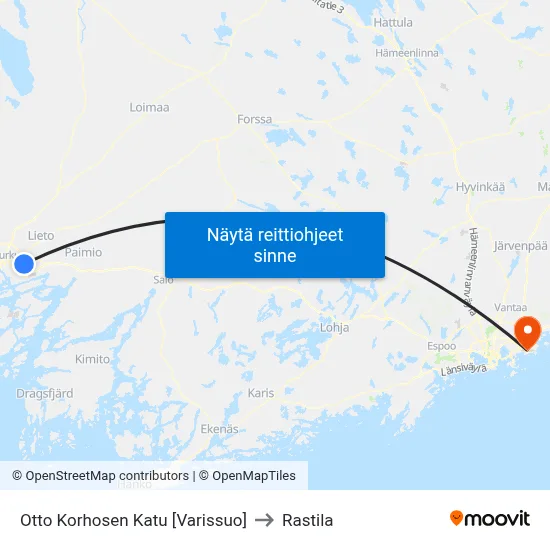 Otto Korhosen Katu [Varissuo] to Rastila map