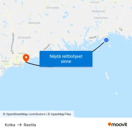 Kotka to Rastila map