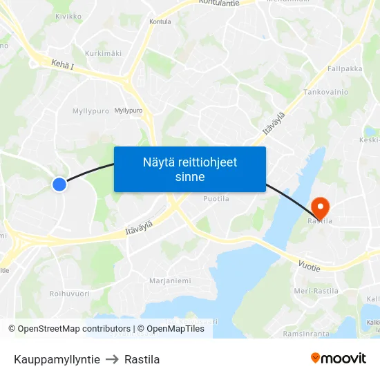 Kauppamyllyntie to Rastila map