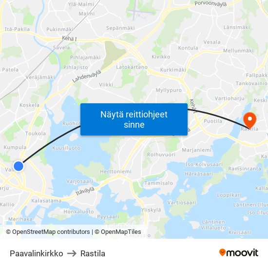 Paavalinkirkko to Rastila map