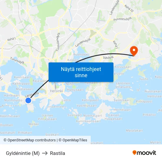 Gyldénintie (M) to Rastila map
