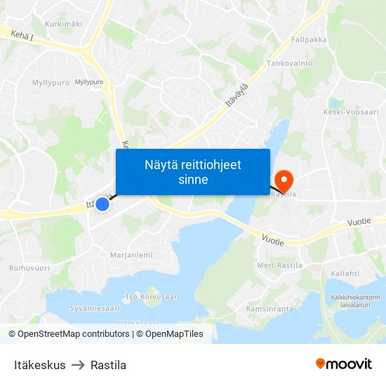 Itäkeskus to Rastila map
