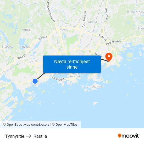 Tynnyritie to Rastila map
