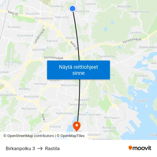 Birkanpolku 3 to Rastila map