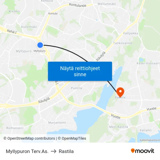 Myllypuron Terv.As. to Rastila map