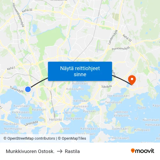 Munkkivuoren Ostosk. to Rastila map