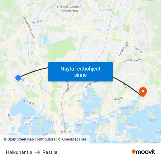 Heikunantie to Rastila map