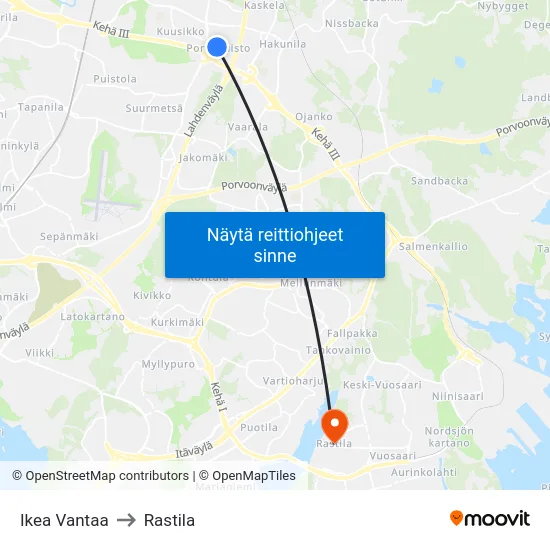 Ikea Vantaa to Rastila map