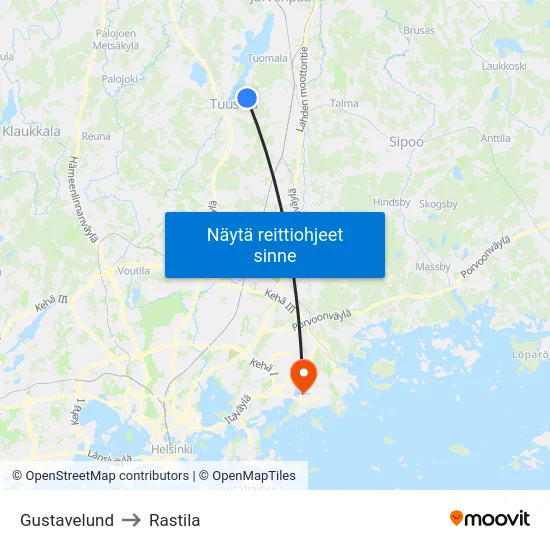 Gustavelund to Rastila map