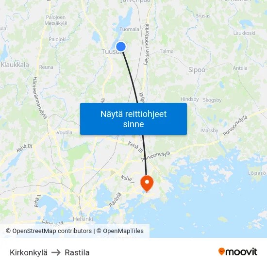 Kirkonkylä to Rastila map