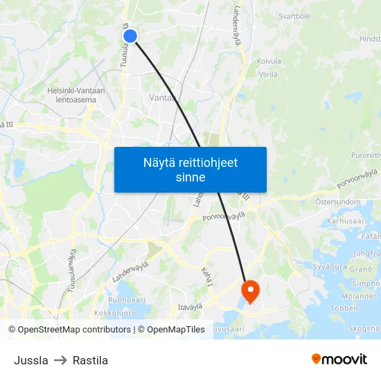 Jussla to Rastila map