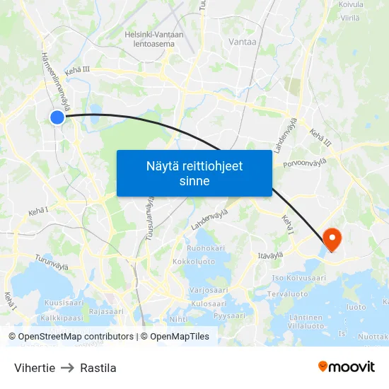 Vihertie to Rastila map