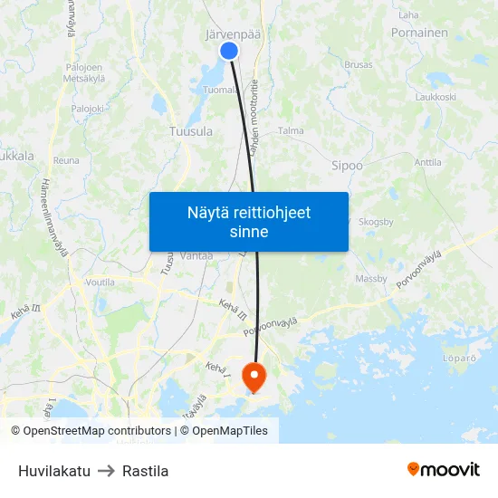 Huvilakatu to Rastila map