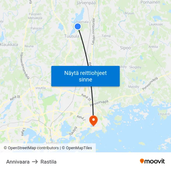 Annivaara to Rastila map