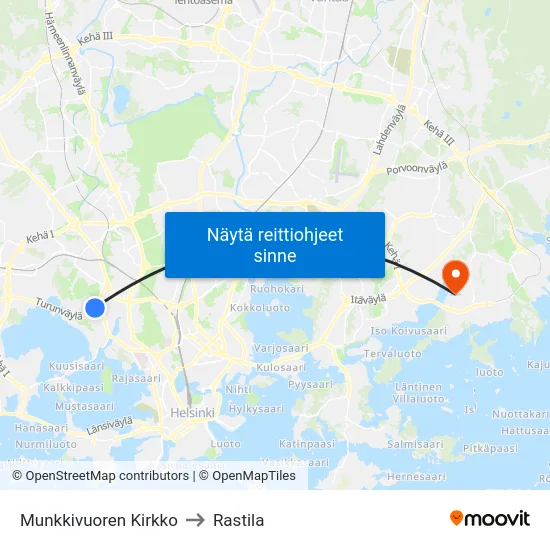 Munkkivuoren Kirkko to Rastila map