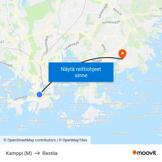 Kamppi (M) to Rastila map