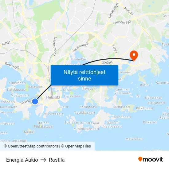 Energia-Aukio to Rastila map
