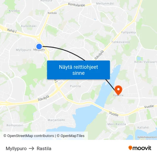 Myllypuro to Rastila map