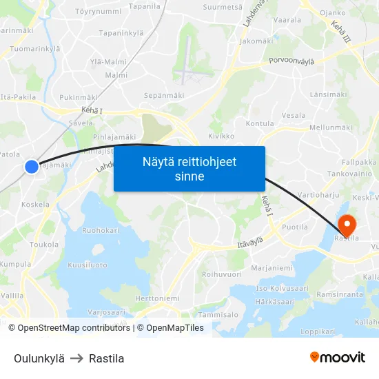 Oulunkylä to Rastila map