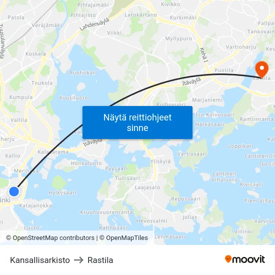 Kansallisarkisto to Rastila map