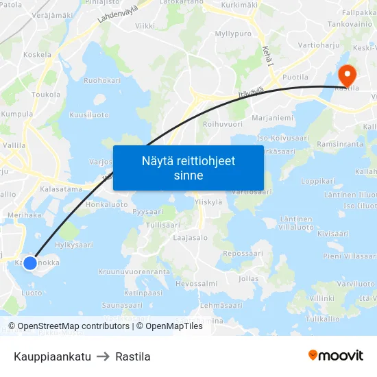 Kauppiaankatu to Rastila map