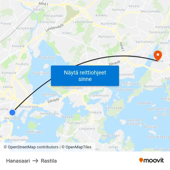Hanasaari to Rastila map