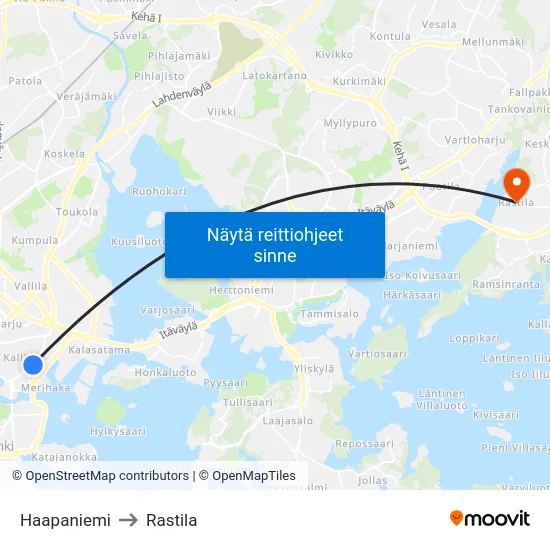 Haapaniemi to Rastila map