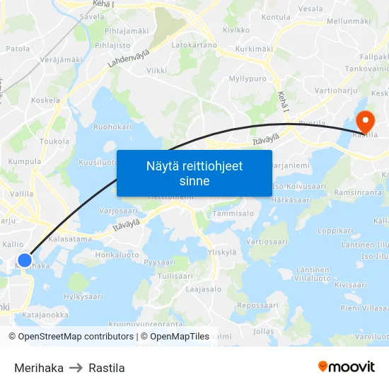 Merihaka to Rastila map