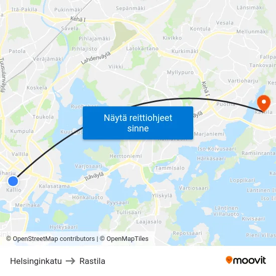 Helsinginkatu to Rastila map