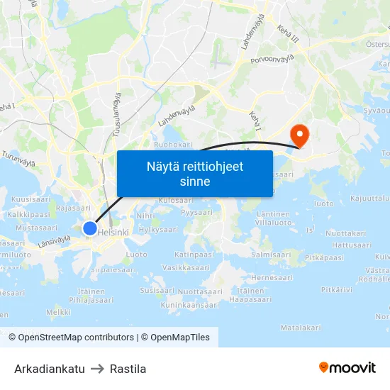 Arkadiankatu to Rastila map