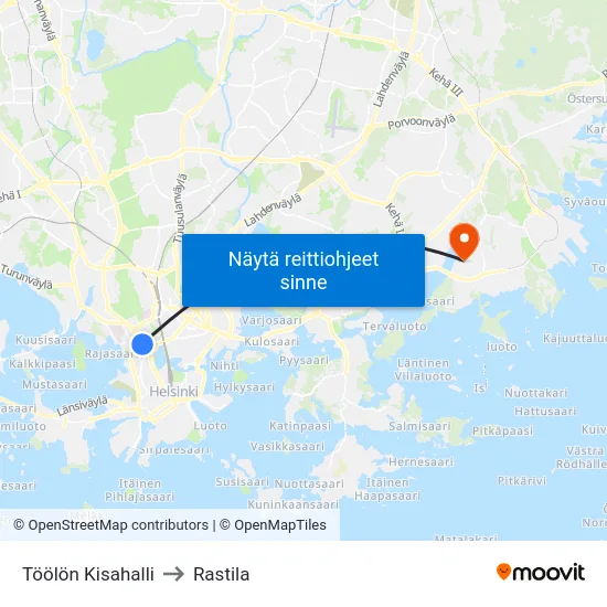 Töölön Kisahalli to Rastila map