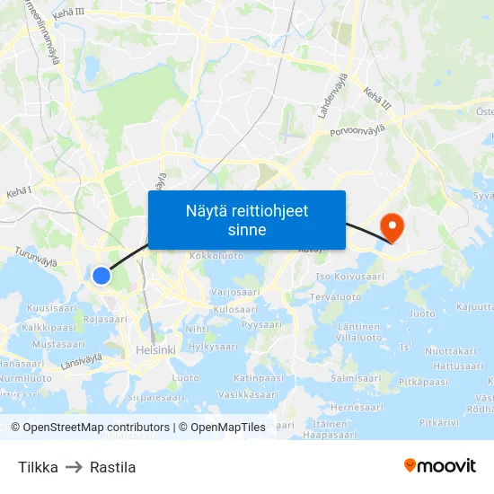 Tilkka to Rastila map