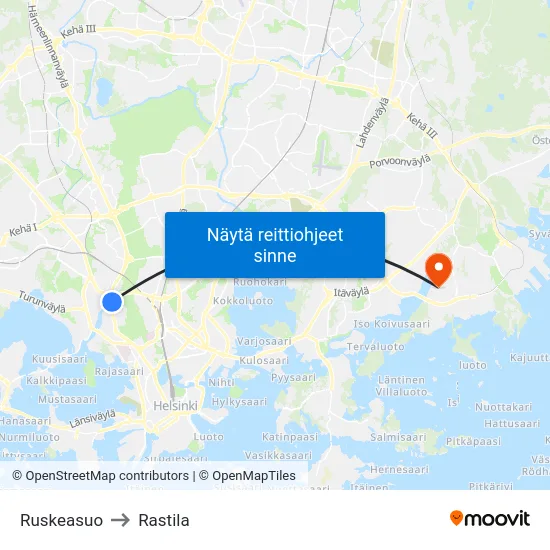 Ruskeasuo to Rastila map