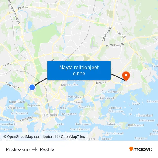 Ruskeasuo to Rastila map