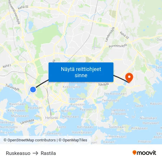 Ruskeasuo to Rastila map