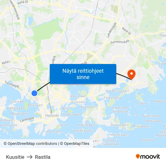 Kuusitie to Rastila map