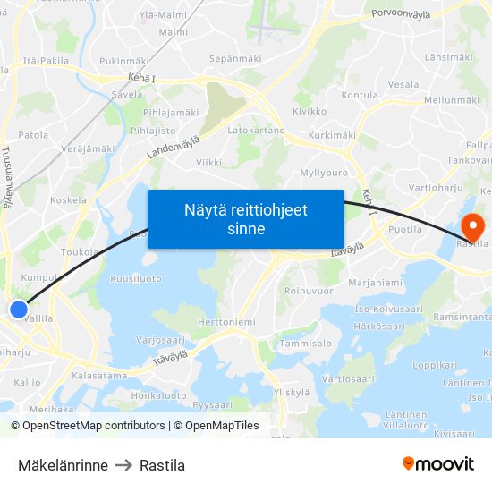 Mäkelänrinne to Rastila map