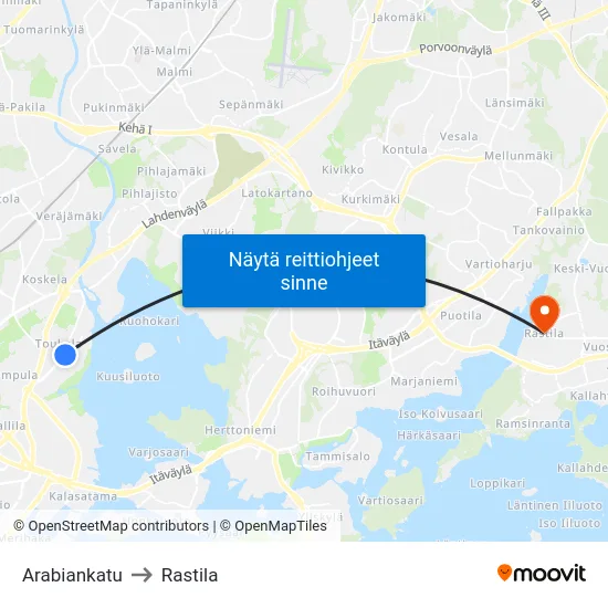 Arabiankatu to Rastila map